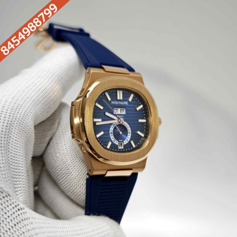Patek Philippe Nautilus Annual Calendar Moon Phase Blue Dial Rubber Strap Swiss Automatic Watch - Image 3