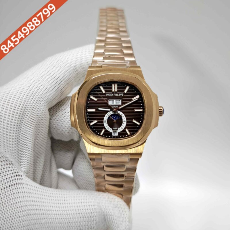 Patek Philippe Nautilus Annual Calendar Moon Phase Gold Brown Dial Steel Strap Swiss Automatic Watch