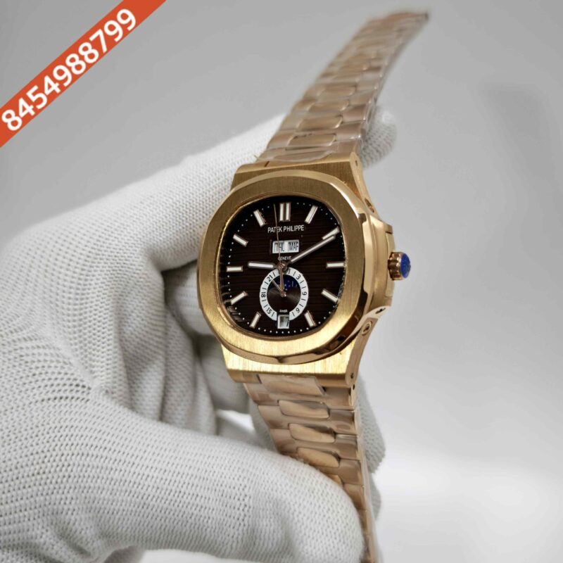 Patek Philippe Nautilus Annual Calendar Moon Phase Gold Brown Dial Steel Strap Swiss Automatic Watch - Image 2
