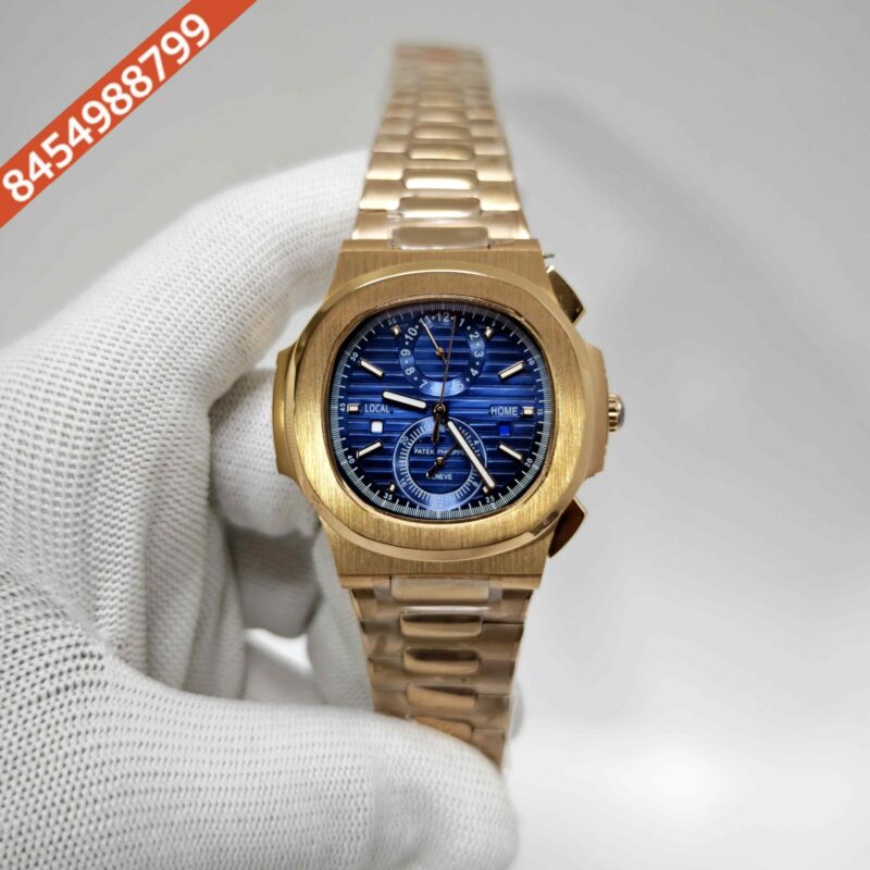 Patek Philippe Nautilus Chronograph Travel Time Blue Dial Full Polished Gold steel Swiss Automatic watch
