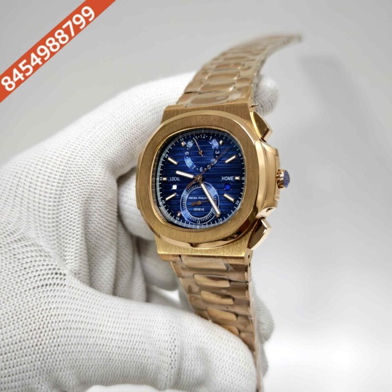 Patek Philippe Nautilus Chronograph Travel Time Blue Dial Full Polished Gold steel Swiss Automatic watch - Image 2