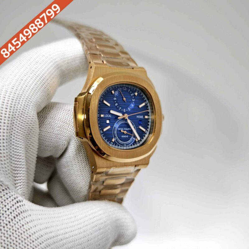 Patek Philippe Nautilus Chronograph Travel Time Blue Dial Full Polished Gold steel Swiss Automatic watch - Image 3