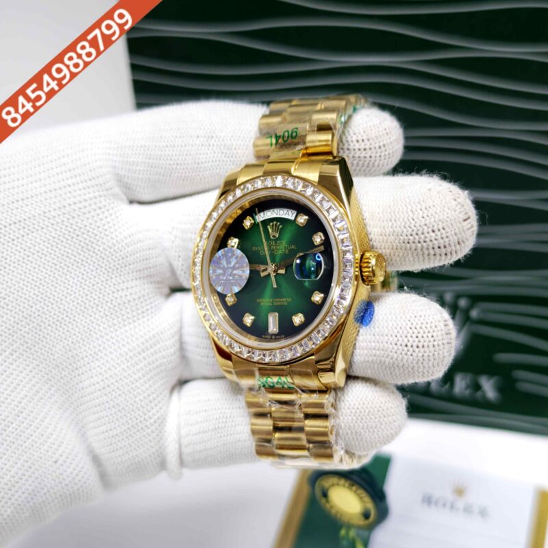 Rolex Day-Date Full Gold Diamond Bezel Diamond  Marker Green Dial Swiss Automatic Watch - Image 2