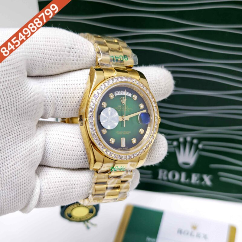 Rolex Day-Date Full Gold Diamond Bezel Diamond  Marker Green Dial Swiss Automatic Watch - Image 3