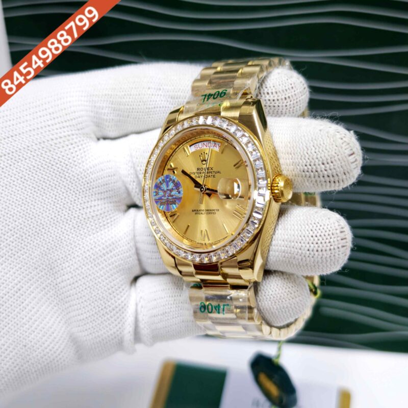 Rolex Day-Date Full Gold Diamond Bezel Roman Marker Golden Dial Swiss Automatic Watch - Image 2