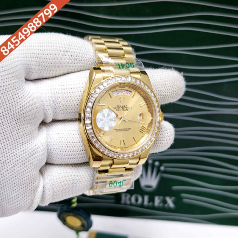 Rolex Day-Date Full Gold Diamond Bezel Roman Marker Golden Dial Swiss Automatic Watch - Image 3