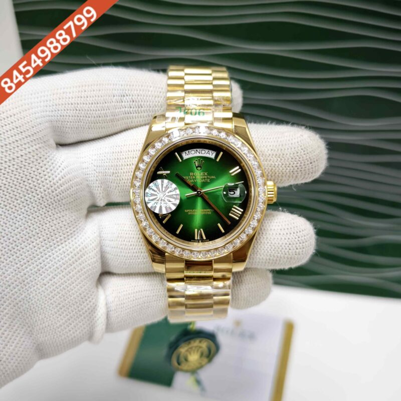 Rolex Day-Date Full Gold Diamond Bezel Roman Marker Green Dial Swiss Automatic Watch