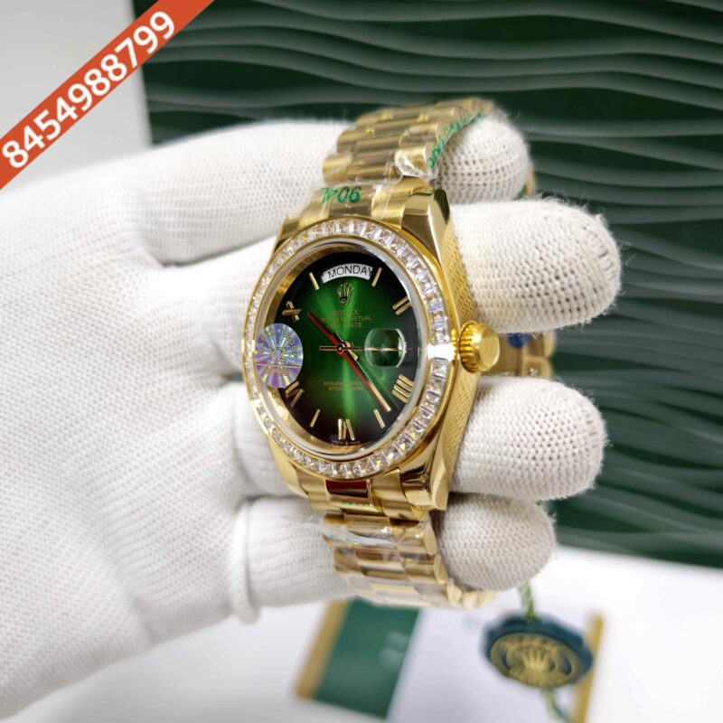 Rolex Day-Date Full Gold Diamond Bezel Roman Marker Green Dial Swiss Automatic Watch - Image 2