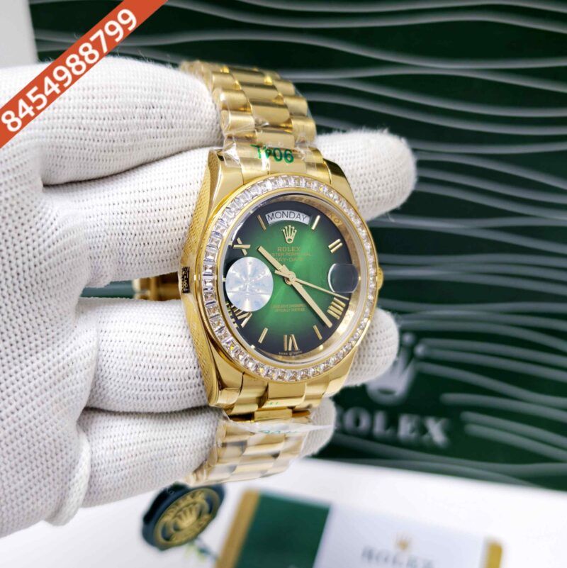Rolex Day-Date Full Gold Diamond Bezel Roman Marker Green Dial Swiss Automatic Watch - Image 3