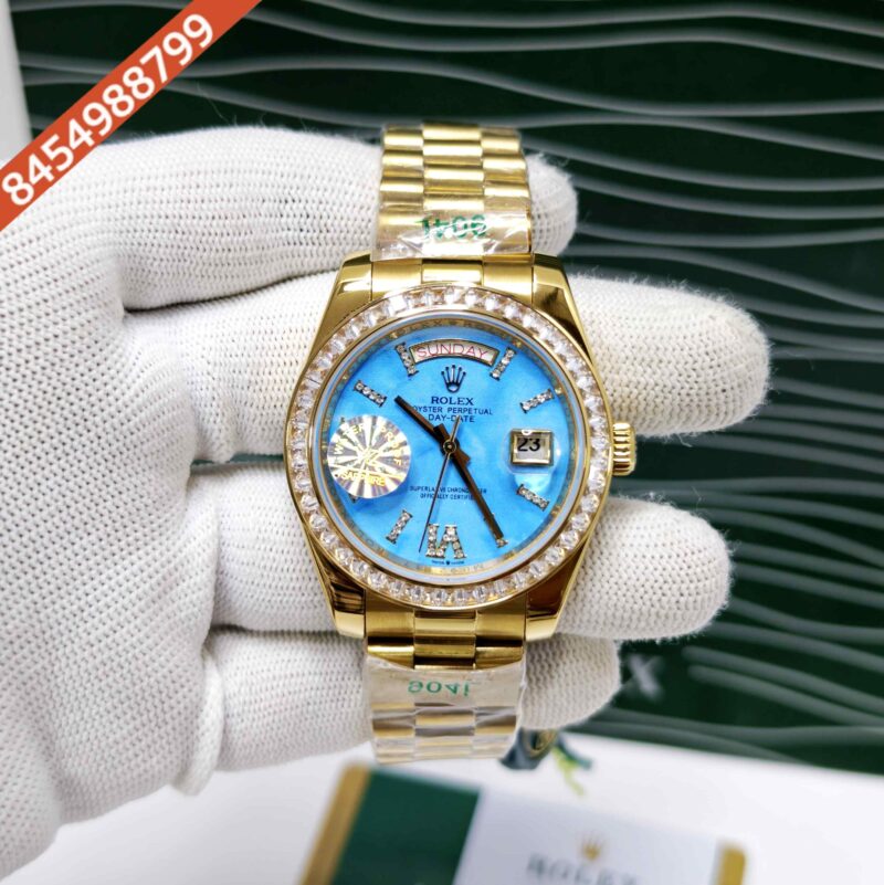 Rolex Day-Date Full Gold Diamond Bezel Roman Marker Tiffany Dial Swiss Automatic Watch
