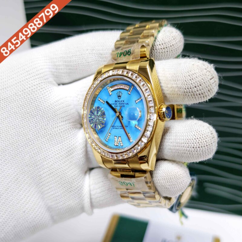 Rolex Day-Date Full Gold Diamond Bezel Roman Marker Tiffany Dial Swiss Automatic Watch - Image 2