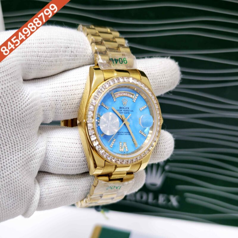 Rolex Day-Date Full Gold Diamond Bezel Roman Marker Tiffany Dial Swiss Automatic Watch - Image 3
