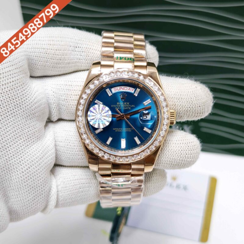 Rolex Day-Date Full Rose Gold Diamond Bezel Sticks Marker Blue Dial Swiss Automatic Watch