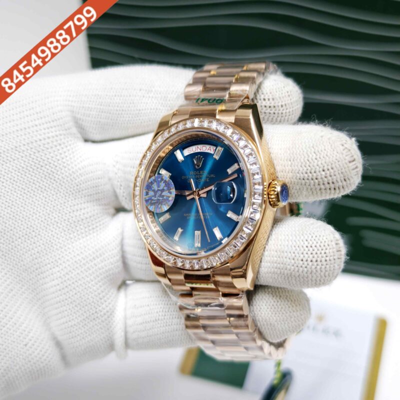 Rolex Day-Date Full Rose Gold Diamond Bezel Sticks Marker Blue Dial Swiss Automatic Watch - Image 2