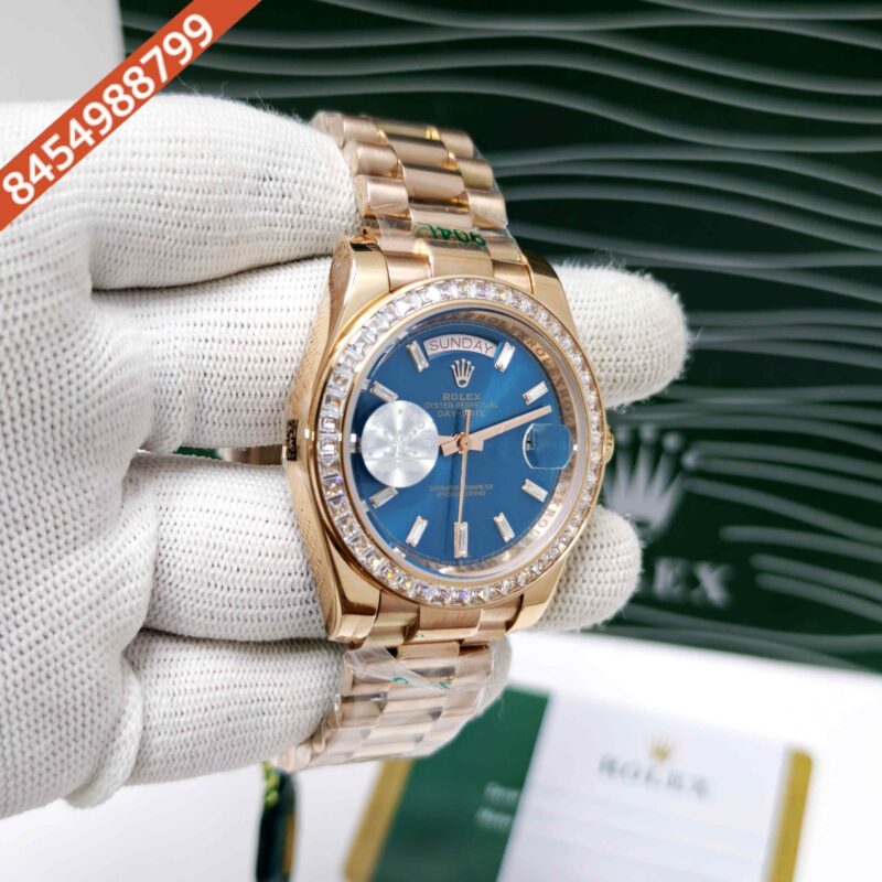 Rolex Day-Date Full Rose Gold Diamond Bezel Sticks Marker Blue Dial Swiss Automatic Watch - Image 3
