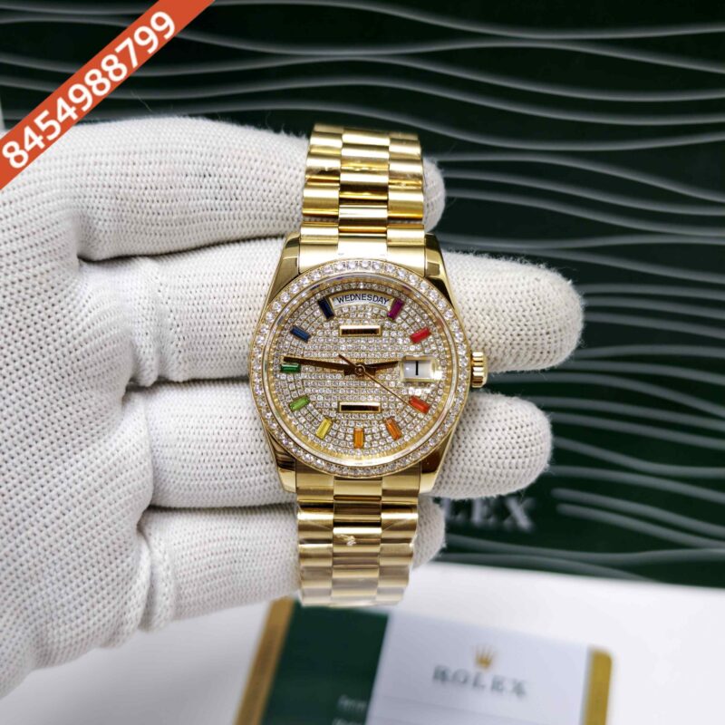 Rolex Day-Date Gold Diamond Dial Rainbow Sticks Swiss Atomatic Watch