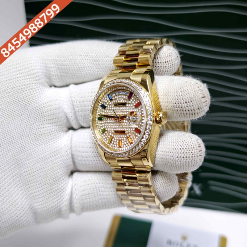 Rolex Day-Date Gold Diamond Dial Rainbow Sticks Swiss Atomatic Watch - Image 2