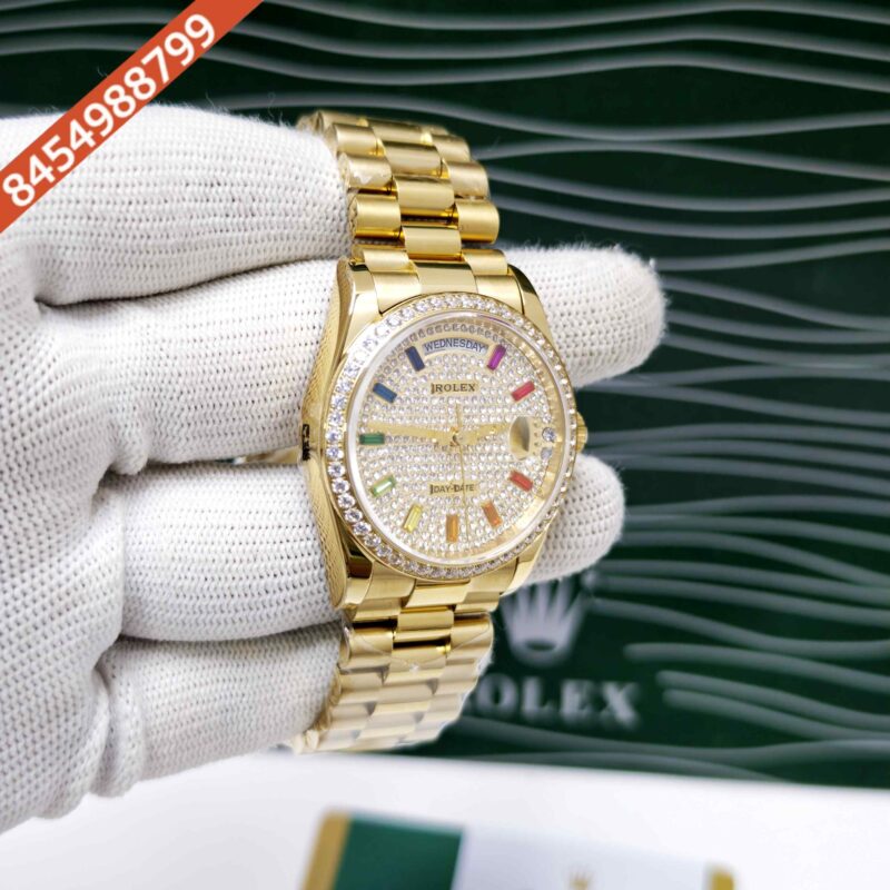 Rolex Day-Date Gold Diamond Dial Rainbow Sticks Swiss Atomatic Watch - Image 3