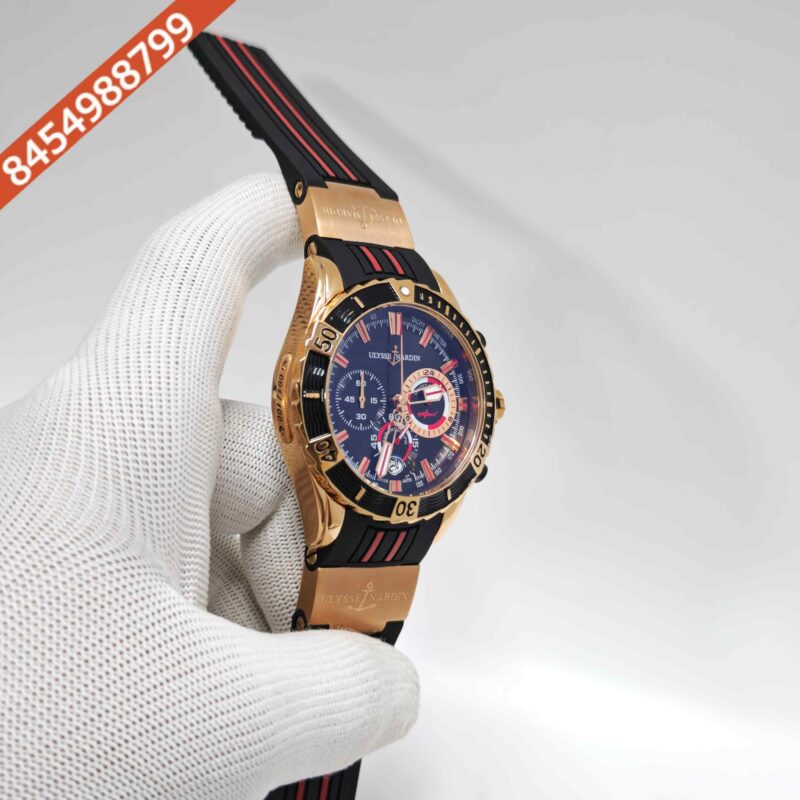 Ulysse Nardin Marine Diver Chronograph Black Dial Red Marking Blue Rubber Swiss Automatic Watch - Image 3
