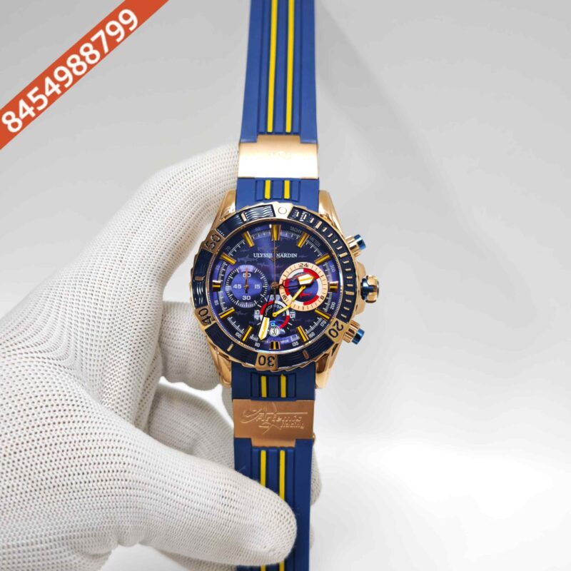 Ulysse Nardin Marine Diver Chronograph Blue Dial Yellow Marking Blue Rubber Swiss Automatic Watch