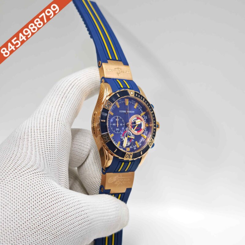 Ulysse Nardin Marine Diver Chronograph Blue Dial Yellow Marking Blue Rubber Swiss Automatic Watch - Image 3