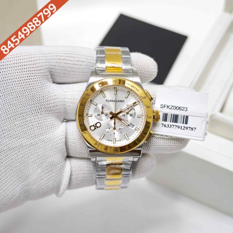 Ferragamo 1927 Chrono Gold Bazel Steel White Dial Store Quality Swiss Watch