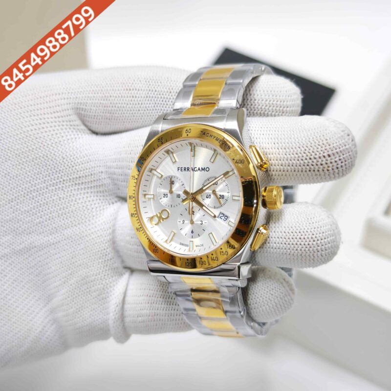 Ferragamo 1927 Chrono Gold Bazel Steel White Dial Store Quality Swiss Watch - Image 2