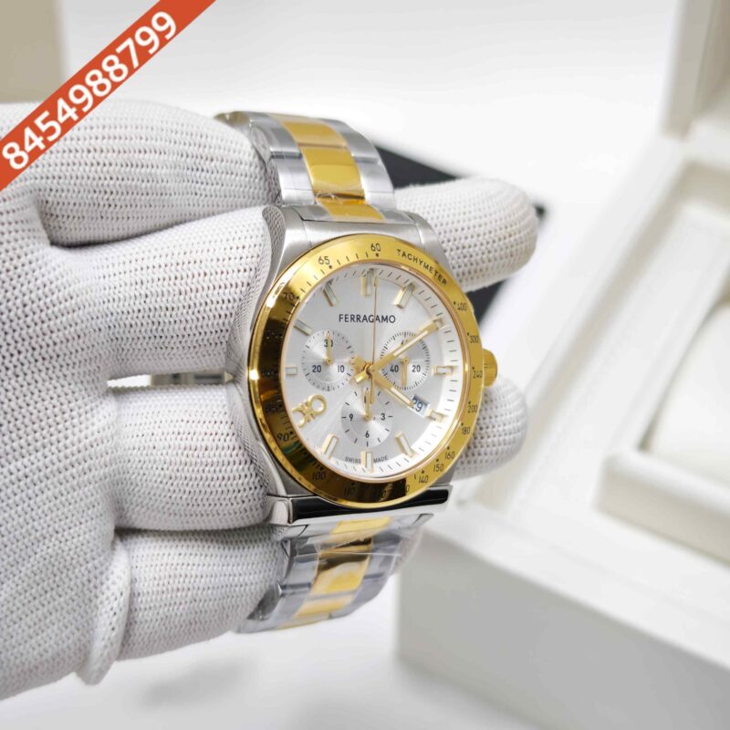 Ferragamo 1927 Chrono Gold Bazel Steel White Dial Store Quality Swiss Watch - Image 3