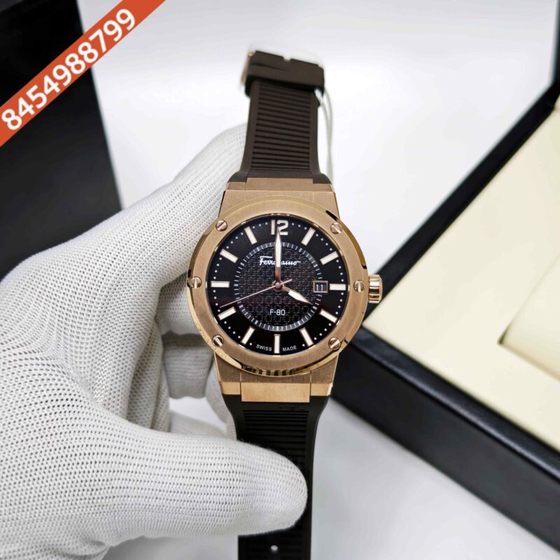 Ferragamo F-80 Golden Rose Gold Brown Dial Brown Rubber Strap Swiss Watch