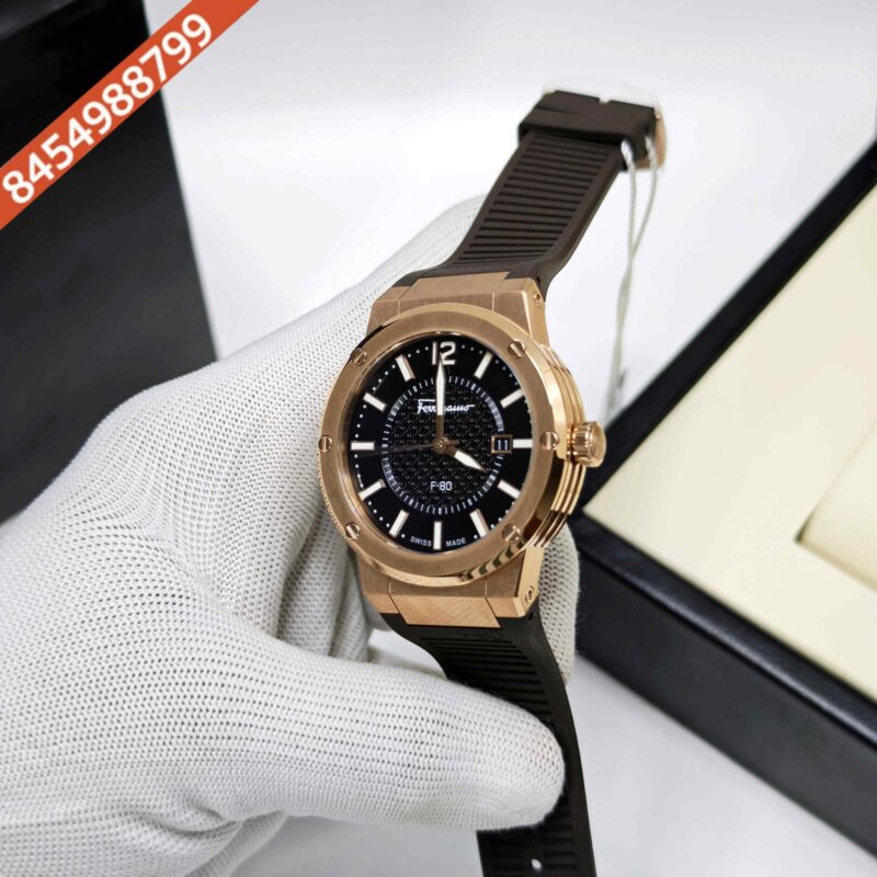 Ferragamo F-80 Golden Rose Gold Brown Dial Brown Rubber Strap Swiss Watch - Image 2