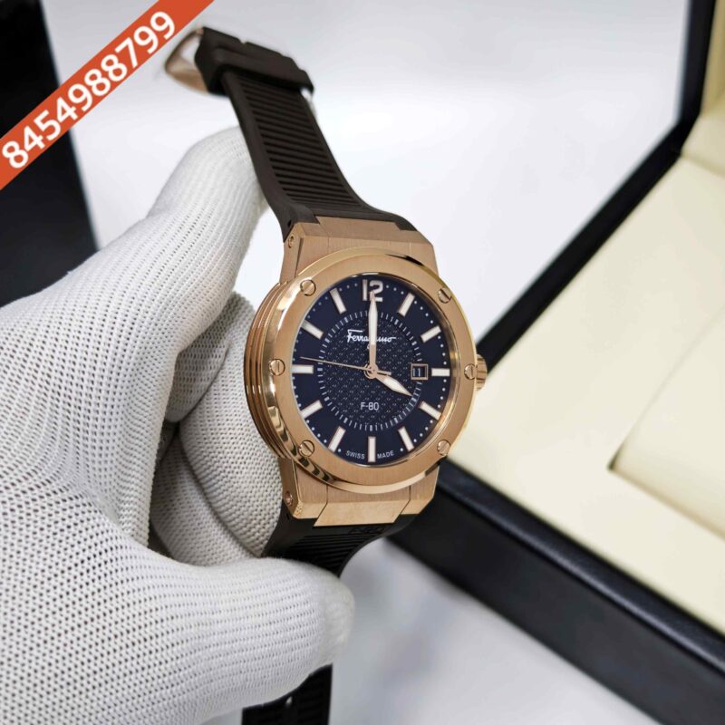 Ferragamo F-80 Golden Rose Gold Brown Dial Brown Rubber Strap Swiss Watch - Image 3