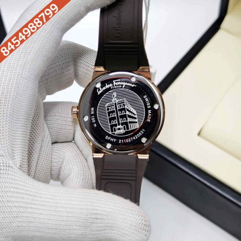 Ferragamo F-80 Golden Rose Gold Brown Dial Brown Rubber Strap Swiss Watch - Image 4