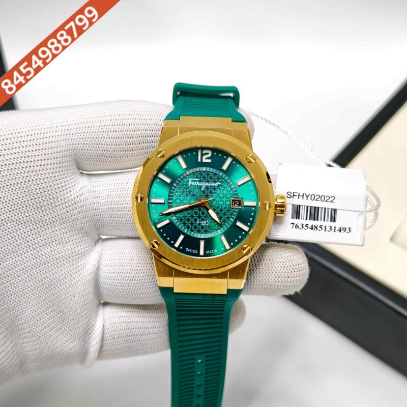 Ferragamo F-80 Golden Steel Green Dial Green Rubber Strap Swiss Watch