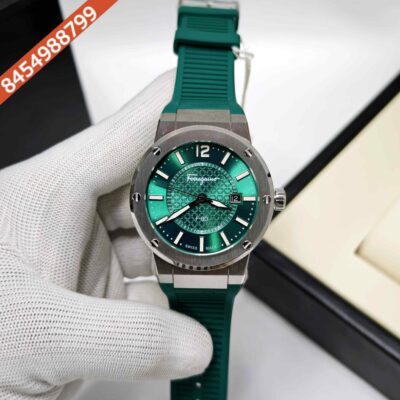Ferragamo F-80 Steel Green Dial Green Rubber Strap Swiss Watch