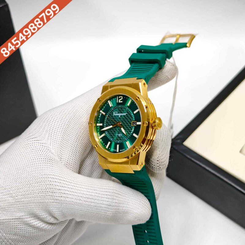 Ferragamo F-80 Golden Steel Green Dial Green Rubber Strap Swiss Watch - Image 2