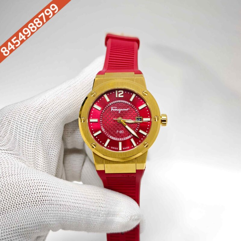Ferragamo F-80 Golden Steel Red Dial Red Rubber Strap Swiss Watch