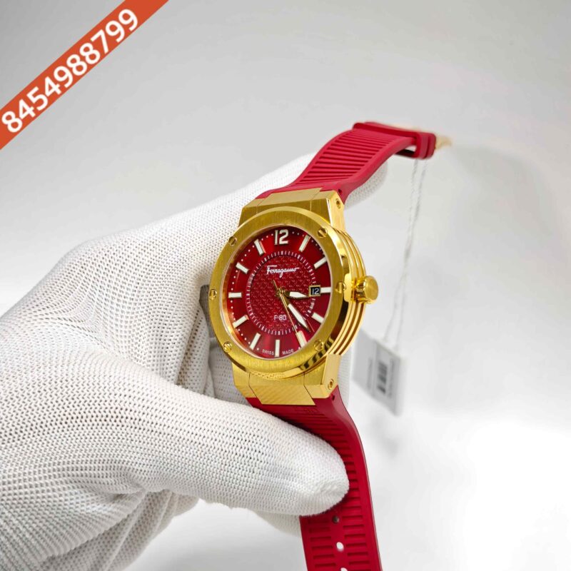 Ferragamo F-80 Golden Steel Red Dial Red Rubber Strap Swiss Watch - Image 2