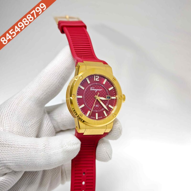 Ferragamo F-80 Golden Steel Red Dial Red Rubber Strap Swiss Watch - Image 3