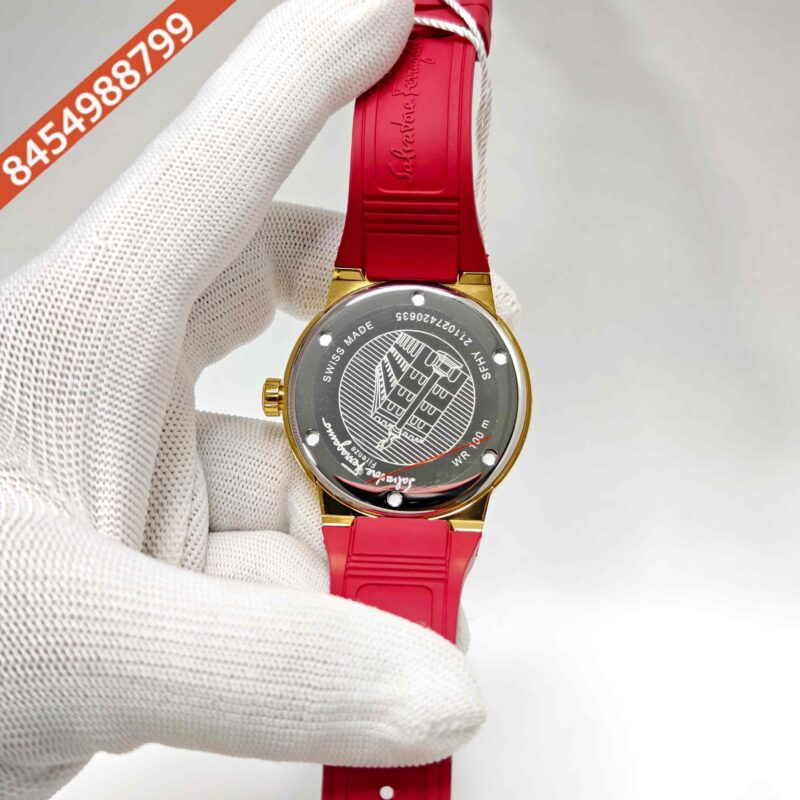 Ferragamo F-80 Golden Steel Red Dial Red Rubber Strap Swiss Watch - Image 4