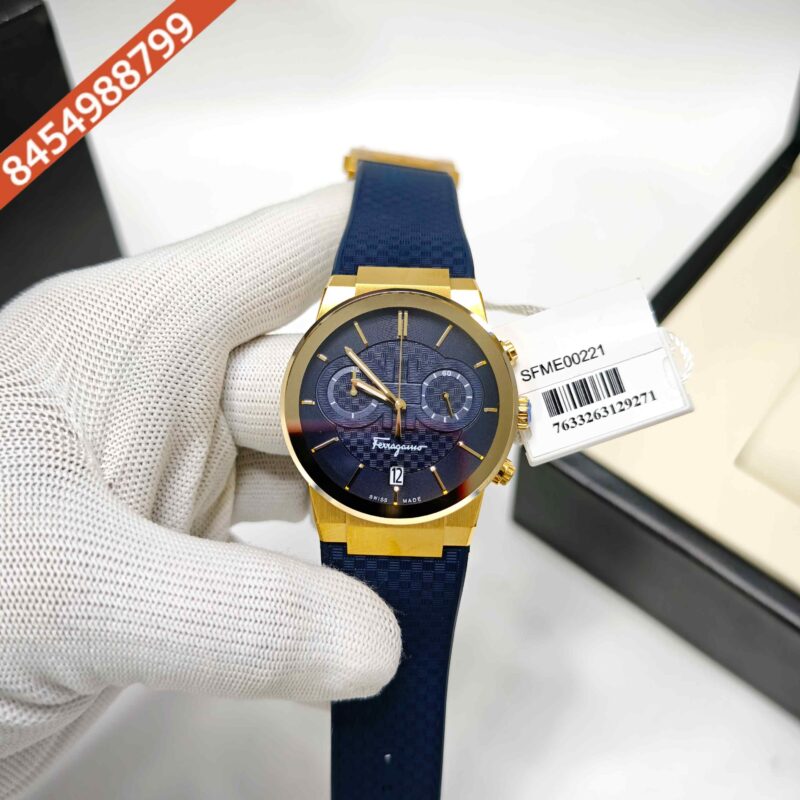 Ferragamo Sapphire Chronograph Golden Blue Dial Blue Rubber Strap Swiss Watch