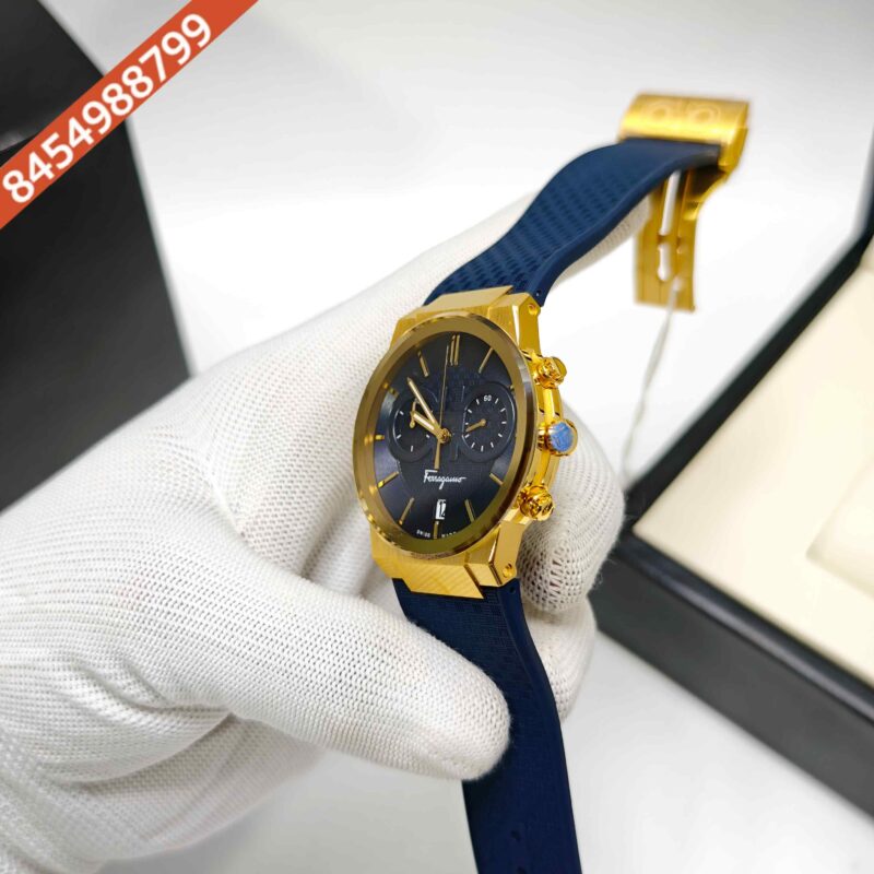Ferragamo Sapphire Chronograph Golden Blue Dial Blue Rubber Strap Swiss Watch - Image 2