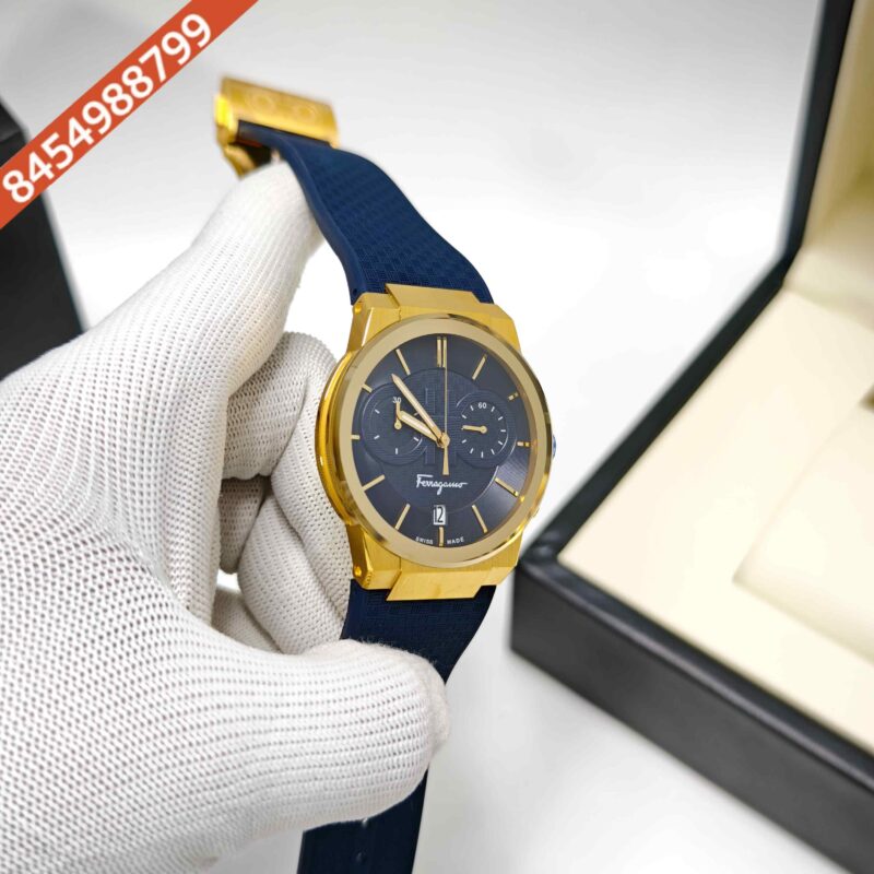 Ferragamo Sapphire Chronograph Golden Blue Dial Blue Rubber Strap Swiss Watch - Image 3