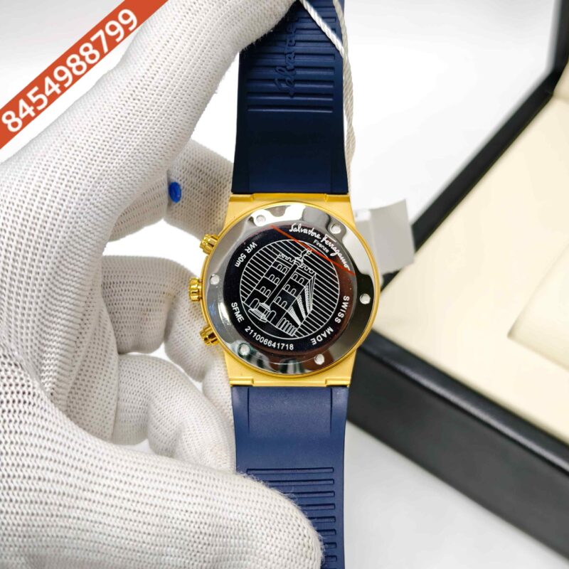 Ferragamo Sapphire Chronograph Golden Blue Dial Blue Rubber Strap Swiss Watch - Image 4