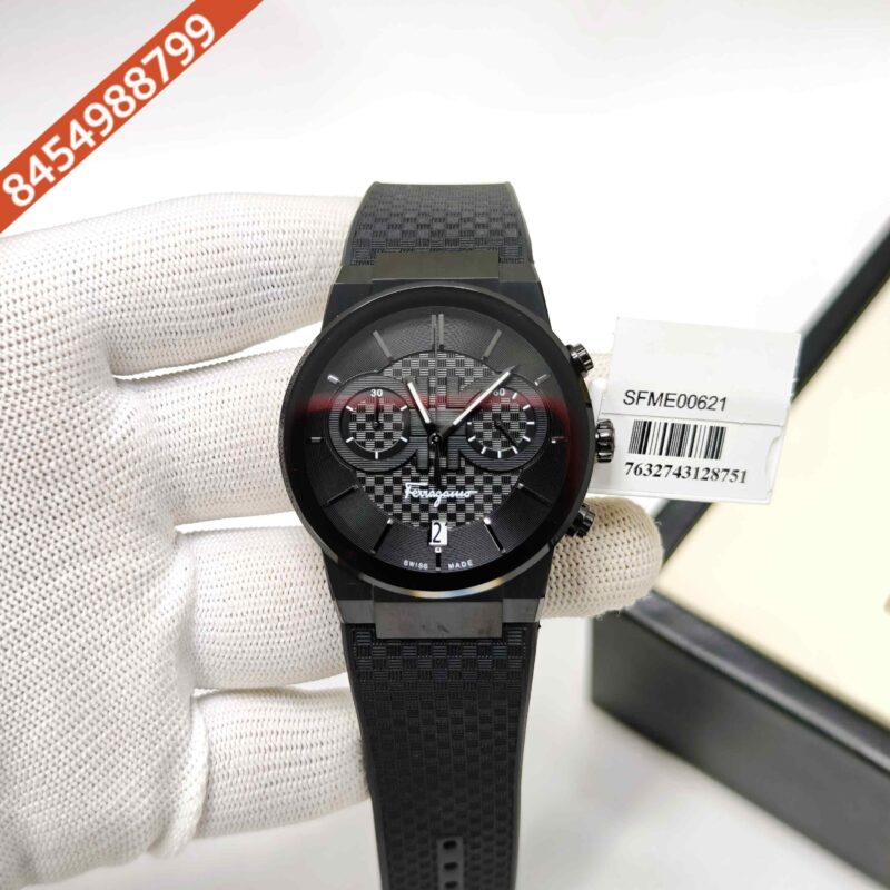 Ferragamo Sapphire Chronograph Steel Black Dial Black Rubber Strap Swiss Watch