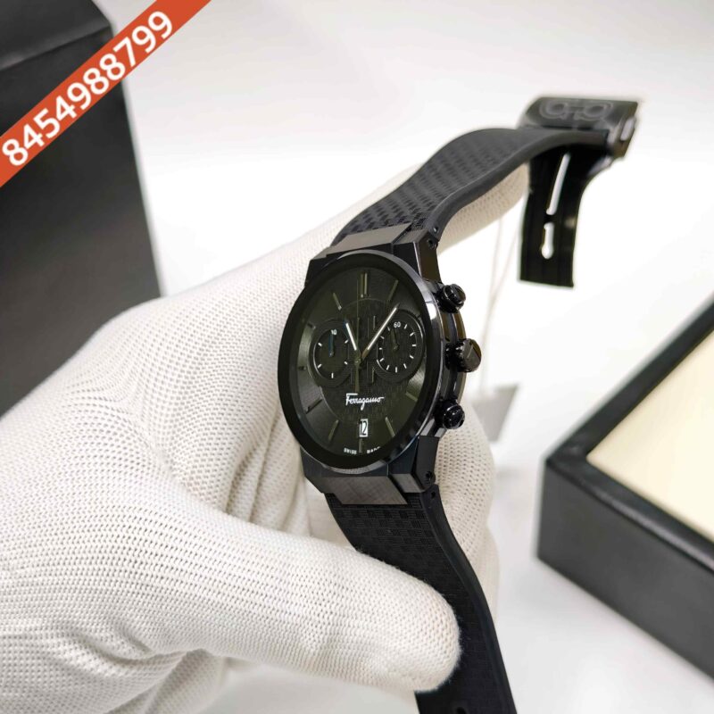 Ferragamo Sapphire Chronograph Steel Black Dial Black Rubber Strap Swiss Watch - Image 2