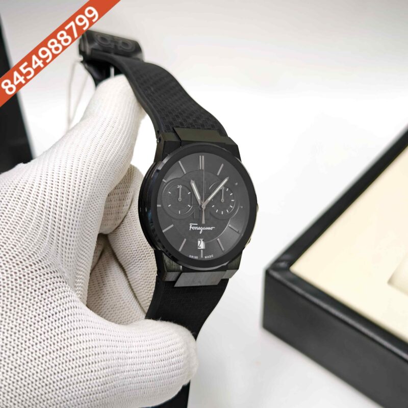 Ferragamo Sapphire Chronograph Steel Black Dial Black Rubber Strap Swiss Watch - Image 3