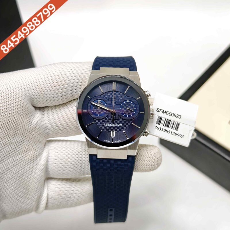 Ferragamo Sapphire Chronograph Steel Blue Dial Blue Rubber Strap Swiss Watch