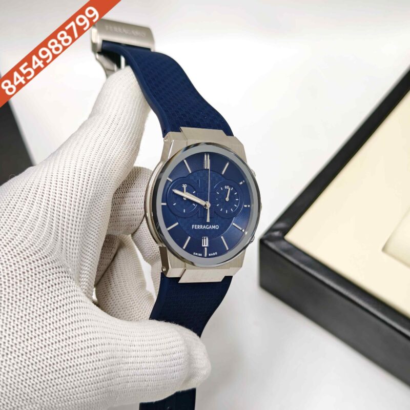 Ferragamo Sapphire Chronograph Steel Blue Dial Blue Rubber Strap Swiss Watch - Image 3