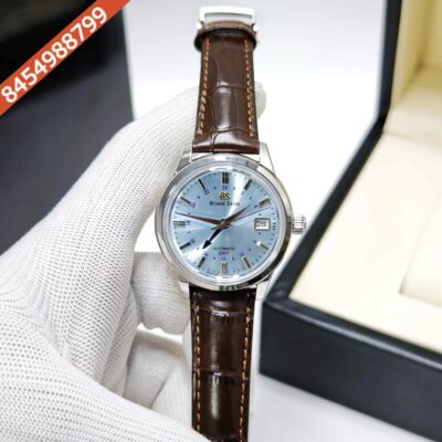 Grand Seiko Mechanical Hi-Beat 36000 GMT Steel Midnight Blue Dial Leather Strap Swiss ETA Automatic Watch