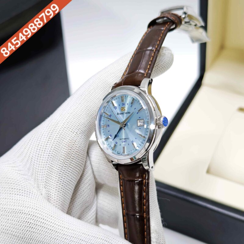 Grand Seiko Mechanical Hi-Beat 36000 GMT Steel Midnight Blue Dial Leather Strap Swiss ETA Automatic Watch - Image 3